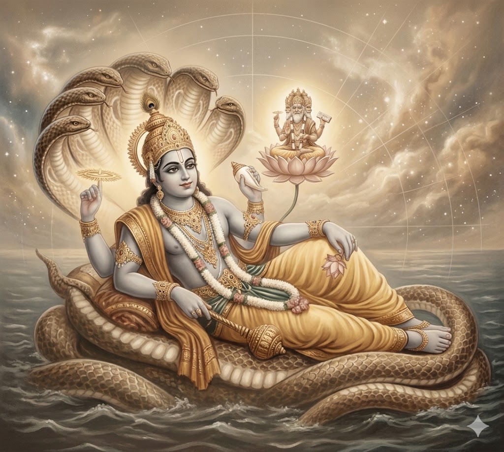 Lord Viṣṇu Nārāyaṇa reclining on Śeṣa, Brahmā upon the lotus